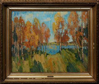 In the Manner of Konstantin Ivanovich Gorbatov (1876-1945, Russian), "Fall Landscape," c. early 20th c., oil on paper board, unsigned, presented in a 