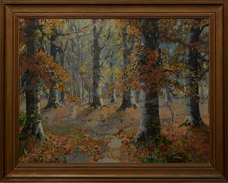 American School, "Fall Foliage," 1944, oil on canvas, signed and dated indistinctly lower left, presented in a gilt frame, H.- 22 1/2 in., W.- 29 5/8 