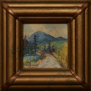 FHNK Eillivray, "Mountain Road," 20th c., watercolor on paper, signed lower left, presented in a gilt frame, H.- 4 in, W.- 4 in., Framed H.- 8 1/8 in.