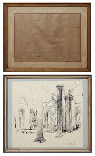 Xavier de Callatay (1932-1999, Belgium/New Orleans), "La Chiesa di san Pietro," 20th c., ink on paper, signed and titled lower right, and "Four Dogs,"