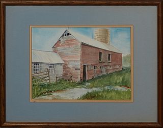 Phil Kass (American School), "Abandoned Farm Buildings," 1988, watercolor on paper, signed and dated lower right, presented in a wood frame, H.- 8 1/2