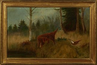 A.P. IPD, "Dog Hunting Scene," 20th c., oil on canvas, initialed lower right, presented in a gilt frame, H.- 13 3/8 in., W.- 12 1/2 in., Framed H.- 17