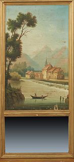 French Carved and Gilded Pine Trumeau Mirror, 19th c., with an oil on canvas scene of a river and a mill, above a mirror plate, H.- 57 1/2 in., W.- 26