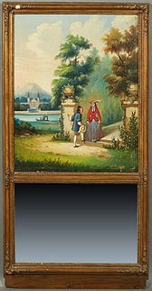 French Gilt and Gesso Trumeau Mirror, c. 1870, the frame with relief flowers and fruit, with an oil on canvas scene of lovers in a garden, H.- 57 in.,