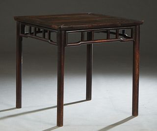 Chinese Carved Elm Square Table, 19th c., with a pierced skirt, on cylindrical legs, H.- ??? in., W.- 30 1/4 in., D.- 30 1/4 in.