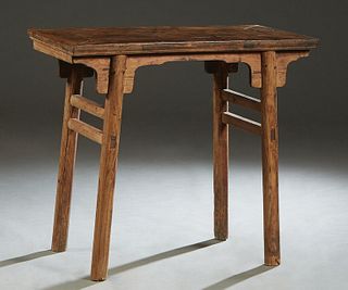 Chinese Carved Elm Side Table, 19th c., the rectangular top over bracket topped cylindrical legs, joined by rectangular stretchers, H.- 32 1/4 in., W.