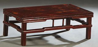 Chinese Red Lacquered Carved Elm Kang Table, c. 1900, the rectangular top with a reeded skirt, on reeded square legs joined by stretchers, H.- 11 3/4 