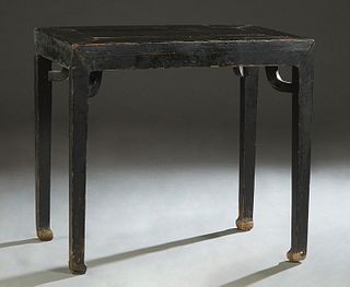 Rare Chinese Black Lacquer Carved Elm Side Table, 19th c., the rectangular top over a wide skirt, on tapered square legs, H.- 34 in., W.- 37 1/4 in., 