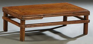 Chinese Carved Elm Kang Table, 19th c., Qing dynasty, the rectangular top over a reeded skirt, on cylindrical legs joined by reeded stretchers, H.- 10