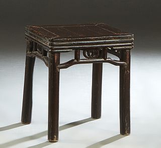 Chinese Square Brown Lacquer Carved Elm Low Table, 19th c., the rounded corner top over pierced skirts, on cylindrical legs, H.- 19 1/4 in., W.- 16 in