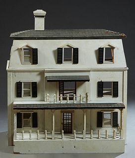 Child's Wooden Three Story Doll House, 20th c., with a shingled roof and shuttered windows, H.- 36 in., W.- 36 3/4 in., D.- 32 1/2 in.