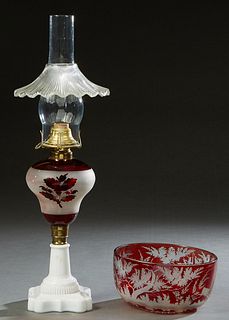 Two Pieces of Bohemian Ruby Glass, late 19th c., consisting of a circular cut to clear bowl with stag decoration, H.- 4 in., Dia.- 8 3/8 in.; together