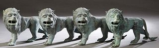 Group of Four Green Patinated Bronze Lions, 20th c., H.- 9 1/2 in., W.- 16 1/2 in., D.- 7 1/2 in. Provenance: Palmira, the Estate of Sarkis Kaltakdjia