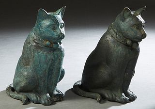 Pair of Green Patinated Brass Seated Cat Figures, 20th c., H.- 12 1/8 in., W.- 7 1/4 in., D.- 8 1/2 in. Provenance: Palmira, the Estate of Sarkis Kalt