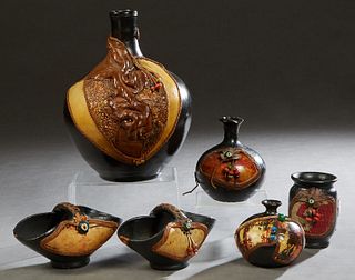 Six Pieces of Native American Pottery, 20th c., with bead decoration consisting of four vases and two baskets, Largest Vase- H.- 11 3/4 in., Dia.- 9 i