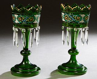 Pair of English Green Glass Lusters, 19th c., the gilt peaked top with enameled sides, hung with button and spear prisms, on a turned glass support, t