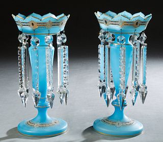 Pair of English Blue Glass Lusters, 19th c., with enameled decoration, hung with button and long spear prisms, H.- 12 7/8 in., Dia.- 6 1/4 in. Provena