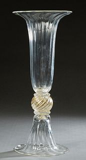 Unusual Blown Glass Reversible Trumpet Vase, 2000, by Union glass, with a reeded long trumpet vase over a reeded short trumpet vase, signed and dated 