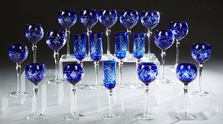 Twenty Piece Set of Cobalt Cut-to-Clear Crystal Wine Glasses, 20th c., consisting of five champagne flutes and fifteen wine glasses, Champagnes- H.- 9