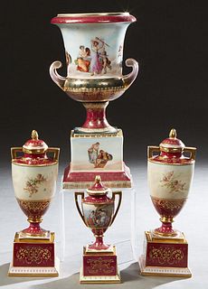 Group of Four Royal Vienna Style Porcelain Urns, 20th c., three with covers, one marked "Art Brings Favor" in German under the base; one "Nymphs and L