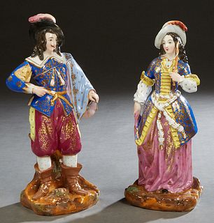 Continental Pair of Porcelain Old Paris Figural Parfumiers, late 19th c., of a gentleman and a lady in 19th c. dress, on an integral shaped base, H.- 