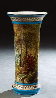 French Hand Painted Porcelain Cylindrical Vase, 19th c., the everted rim and base with heavenly blue banding over polychromed bands of leaves and bows