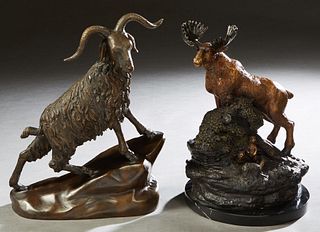 Two Patinated Bronze Animalier Figures, 20th c., one of a moose on a circular marble base; and a bighorn sheep, on an integral slanted base, marked "C
