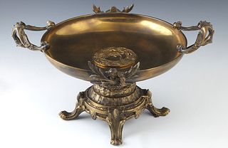 Continental Gilt Bronze Tazza, 19th c., with a central relief medallion of a classical woman with a shield, flanked by two scrolled handles, and two s
