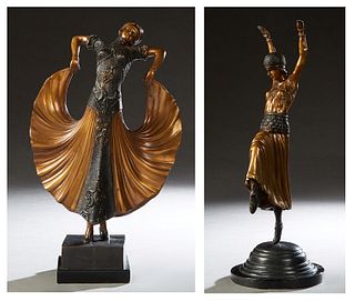 Two Erte Style Patinated Bronze Dancers, 20th c., on a circular figured black marble plinth, Full Skirt- H.- 20 1/2 in., W.- 12 in., D.- 5 1/2 in., Se