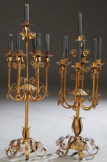 Pair of Florentine Style Seven Light Gilt Iron Candelabra Lamps, 20th c., with a central raised candle cup, within a circle of six lower like mounted 