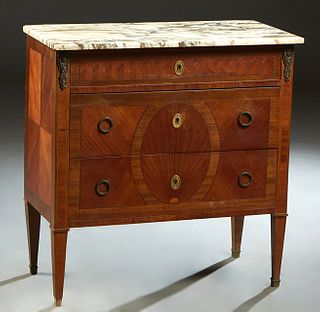 French Louis XVI Style Ormolu Mounted Inlaid Mahogany Marble Top Commode, early 20th c., the highly figured white and brown marble over frieze drawer 