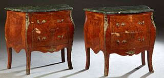 Pair of Louis XV Ormolu Mounted Style Inlaid Mahogany Bombe Marble Top Commodes, 20th c., the verde antico green marbles over two deep bowed drawers, 