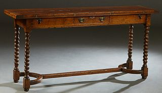 Unusual English Carved Oak Flip Top Dining Table, late 19th c., the horizontal leaves folding over to create a larger surface, H.- 30 1/2 in., W.- 64 