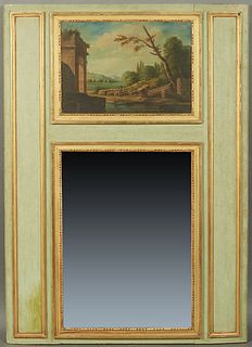 French Polychromed and Gilt Pine Trumeau Mirror, 19th c., the top with an oil on board of a figure on a riverbank, above and gilt and gesso framed mir