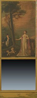 French Gilt Carved Pine Trumeau Mirror, 19th c., the upper panel with a large oil on canvas of a lady and a dog in a landscape, within a beaded frame,