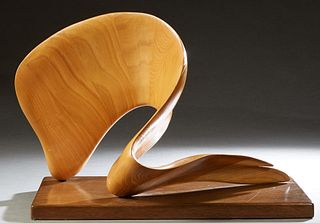 American School, In the Manner of Andy diPietro, "Abstract Wave," 20th c., carved wooden sculpture, on a rectangular mahogany base, H.- 20 in., W.- 25
