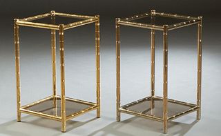 Pair of French Brass Plated Iron End Tables, 20th c., the square top with a smoked glass inset, on faux bamboo legs, to a like smoked glass lower shel
