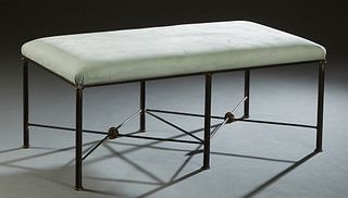 Large Mario Villa Steel and Brass Upholstered Bench, 20th c., the padded rectangular top on a six cylindrical legged frame joined by an X-form stretch