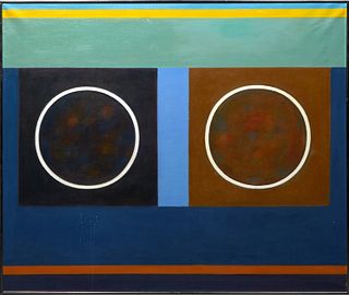 Althea Dodson Tanner (1918-2014, New Orleans), "Abstract Geometry in Blues and Yellows," 20th c., acrylic on canvas, unsigned, presented in a chrome f