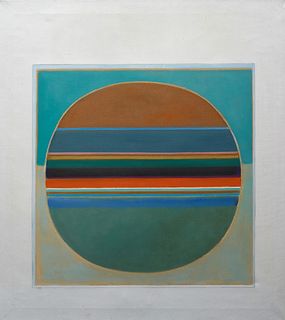 Althea Dodson Tanner (1919 - 2014, Louisiana), "Teal and Orange Circle on White," 20th c., acrylic on canvas, unsigned, unframed, H.- 34 in., W.- 30 i