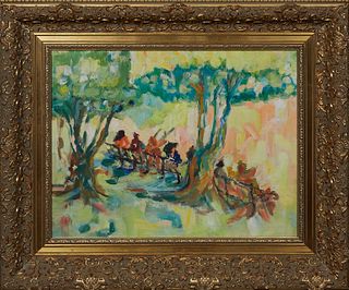 American School, "Meeting at the Fence," 20th c., oil on canvas, unsigned, presented in a gilt frame, H.- 17 1/4 in., W.- 19 1/4 in., Framed H.- 23 1/