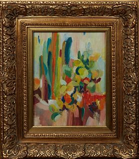 American School, "Abstract Floral," 20th c., oil on canvas board, unsigned, presented in a gilt frame, H.- 15 1/2 in., W.- 11 1/2 in., Framed H.- 26 1