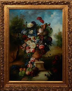 Chinese School, "Floral Still Life," late 20th c., oil on canvas, signed indistinctly lower left, presented in a gilt frame, H.- 47 5/8 in., W.- 35 1/
