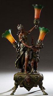 Art Nouveau Style Bronze Patinated Composite Three Light Figural Lamp, 20th c., of a woman and child, on a stepped base with splayed legs to hoof feet