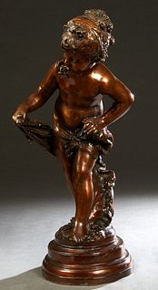 Continental School, "Putto After the Bath," 20th c., patinated bronze on an integral stepped circular base, H.- 27 1/2 in., W.- 10 in., D.- 11 in. Pro