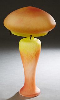 In the Manner of Charles Schneider, Art Glass Mushroom Lamp, 20th c., orange shaded to yellow satin art glass lamp with mushroom shade, unsigned, H.- 