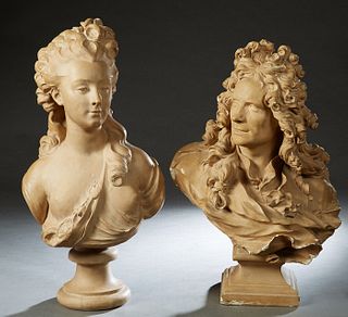 Pair of Patinated Plaster French Style Busts, in the 19th c. style, on stepped plinth bases, of a gentleman and a lady, the lady with a stamped mark v