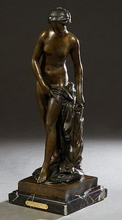 After Etienne Maurice Falconet (1716-1791, French), "The Bather," 20th c., patinated bronze, on an integral square base, signed and dated 1757, on the