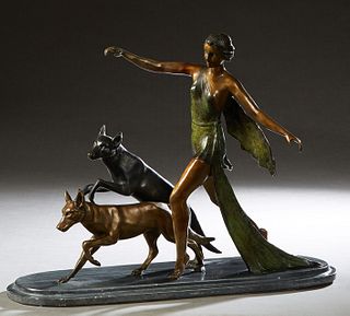 Art Deco Style Figural Group, 20th c., of a dancing woman and two dogs, patinated bronze, on a stepped oval marble base, H.- 18 in., W.- 24 in., D.- 7