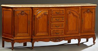 French Louis XV Style Carved Cherry Bombe Marble Top Sideboard, 20th c., the thick ogee edge ocher marble, atop a base with a central bank of four dra
